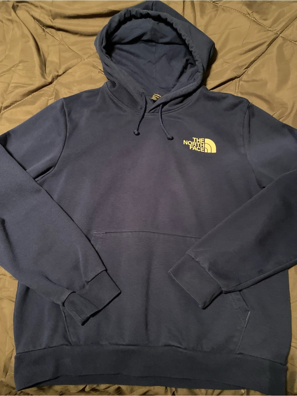 The North Face Navy Pullover Hoodie with Yellow Logo
